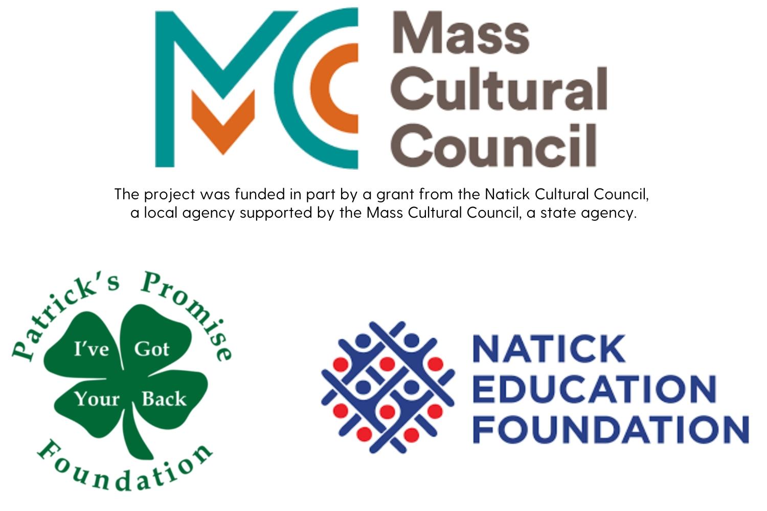 Logos for Mass Cultural Council, Patrick's Promise Foundation and Natick Education Foundation are displayed.