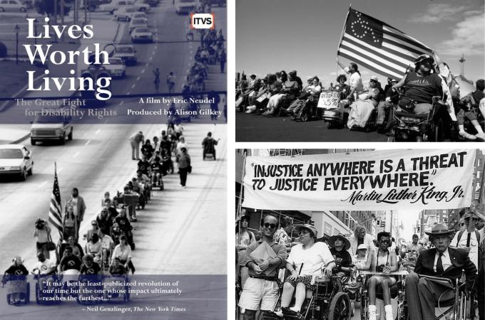 Three photos include a movie advertisement for Lives Worth Living and two black and white photos from the disability act protests.